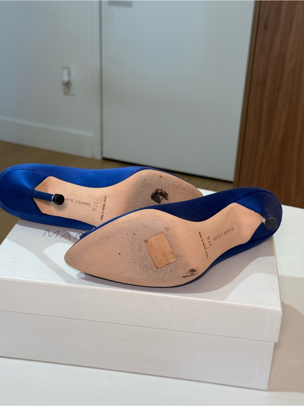 Manolo Blahnik Royal Blue Satin Crystal-Embellished Pointed Pumps - Picture 3 of 7